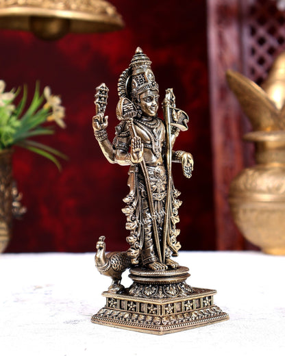 Brass Superfine Murugan with Peacock, Vel & Flag Idol 6 inch - Budhshiv.com