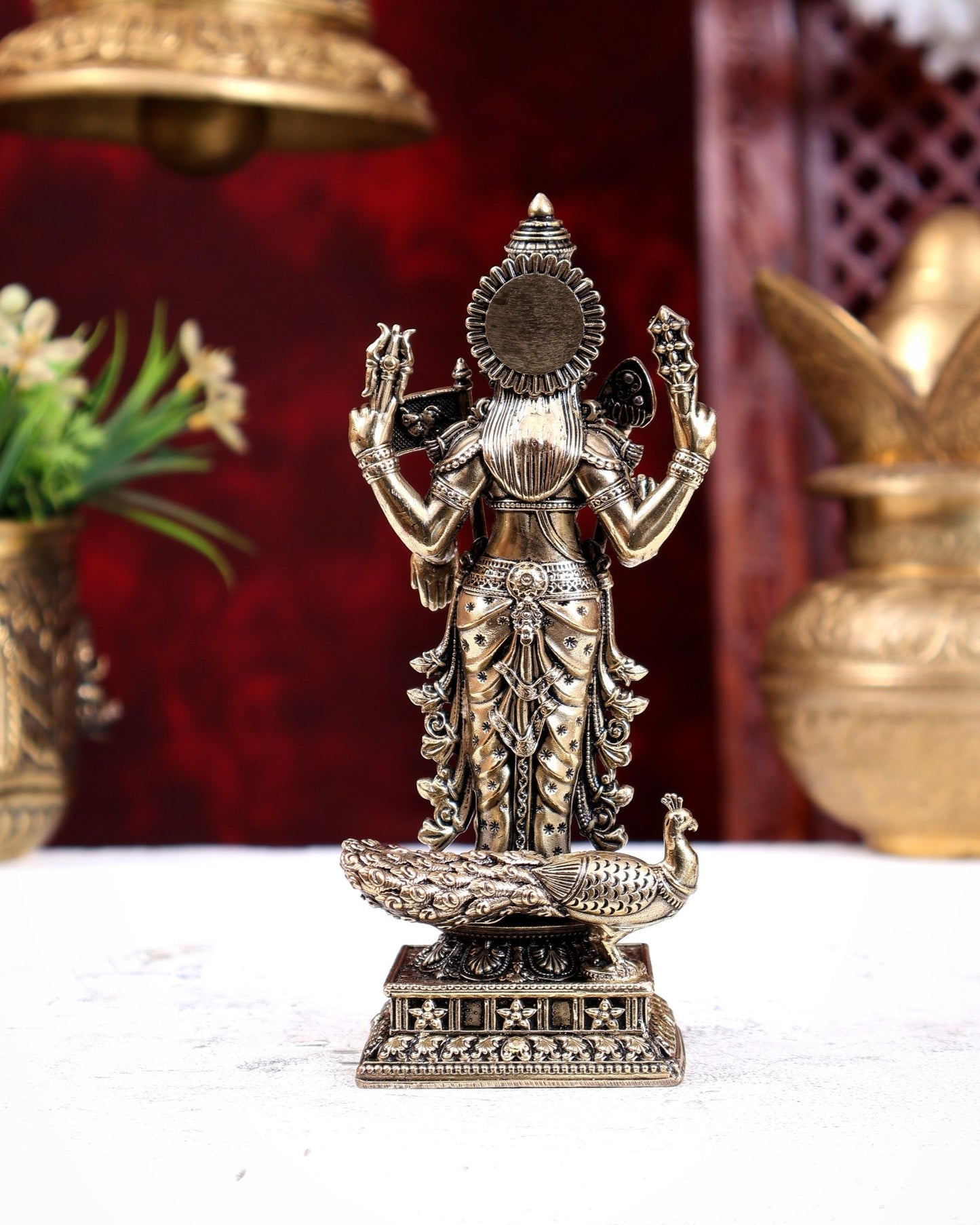 Brass Superfine Murugan with Peacock, Vel & Flag Idol 6 inch - Budhshiv.com