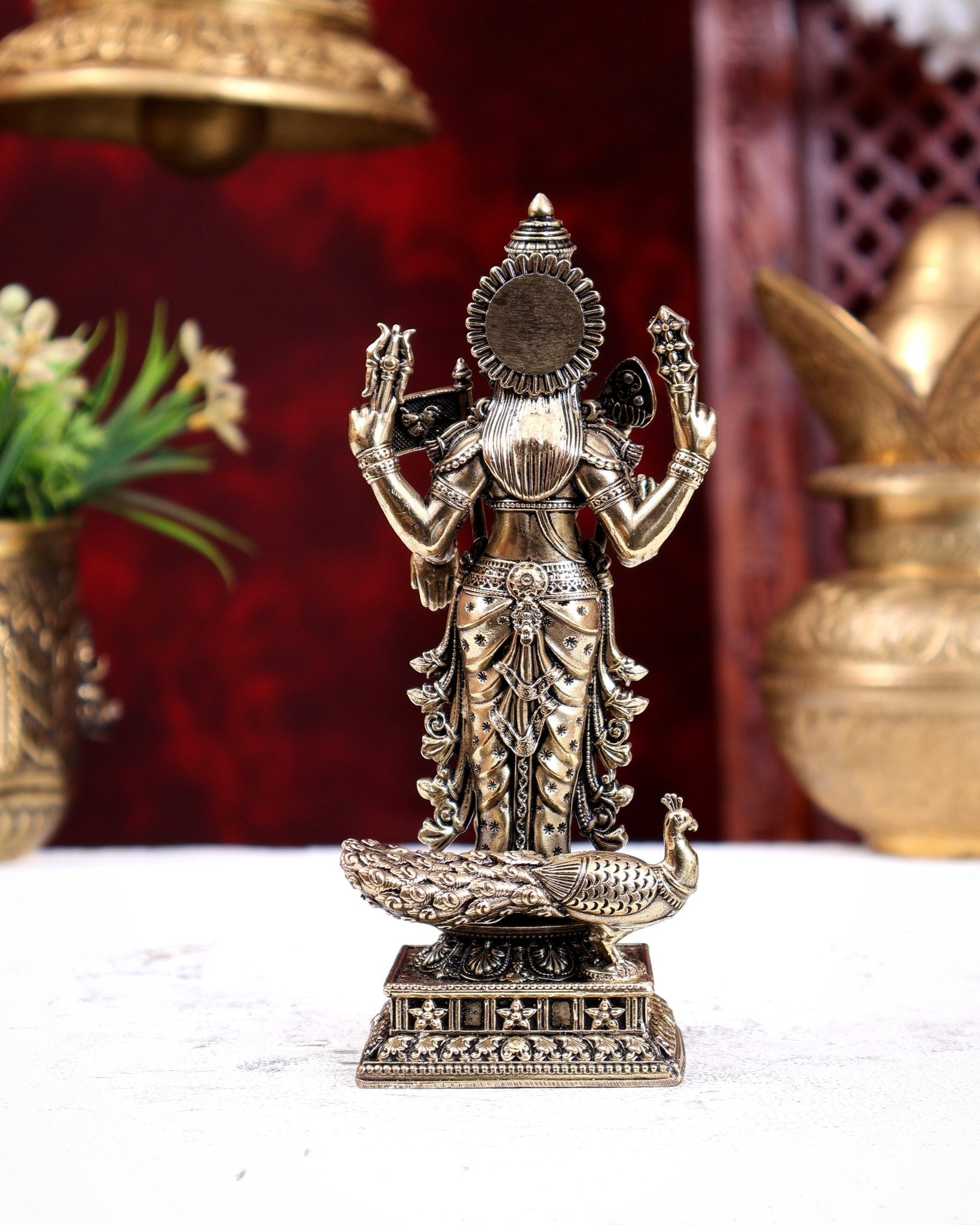 Brass Superfine Murugan with Peacock, Vel & Flag Idol 6 inch - Budhshiv.com