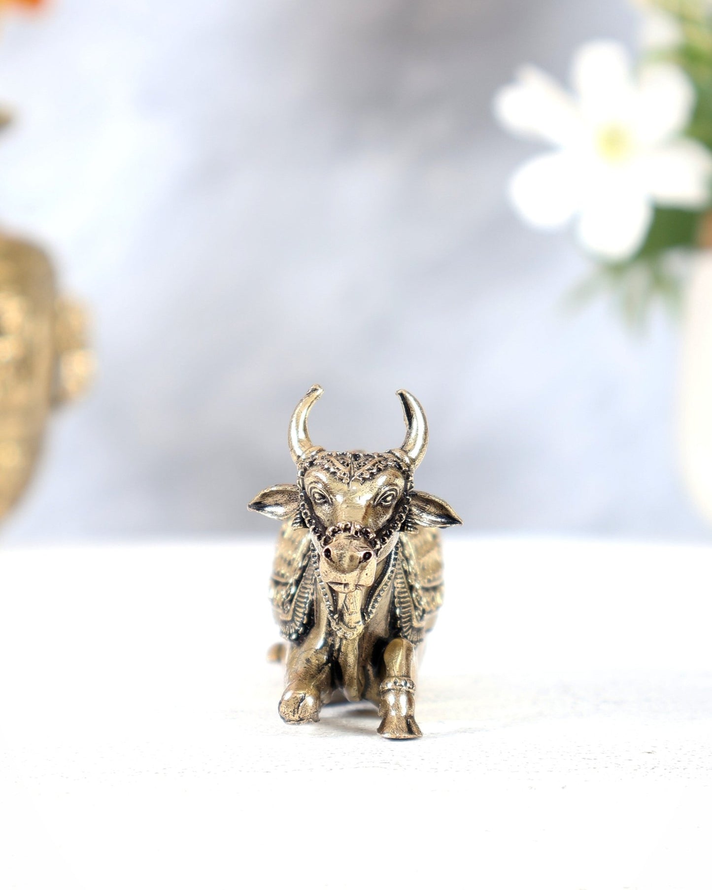 Brass Superfine Nandi Miniature Idol – Compact Shiva Vahan Statue (3 Inches Wide) - Budhshiv.com