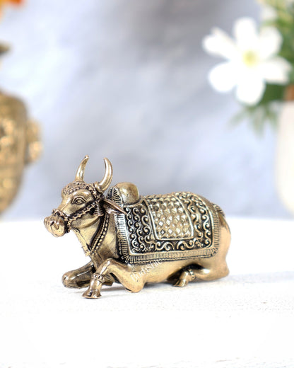 Brass Superfine Nandi Miniature Idol – Compact Shiva Vahan Statue (3 Inches Wide) - Budhshiv.com