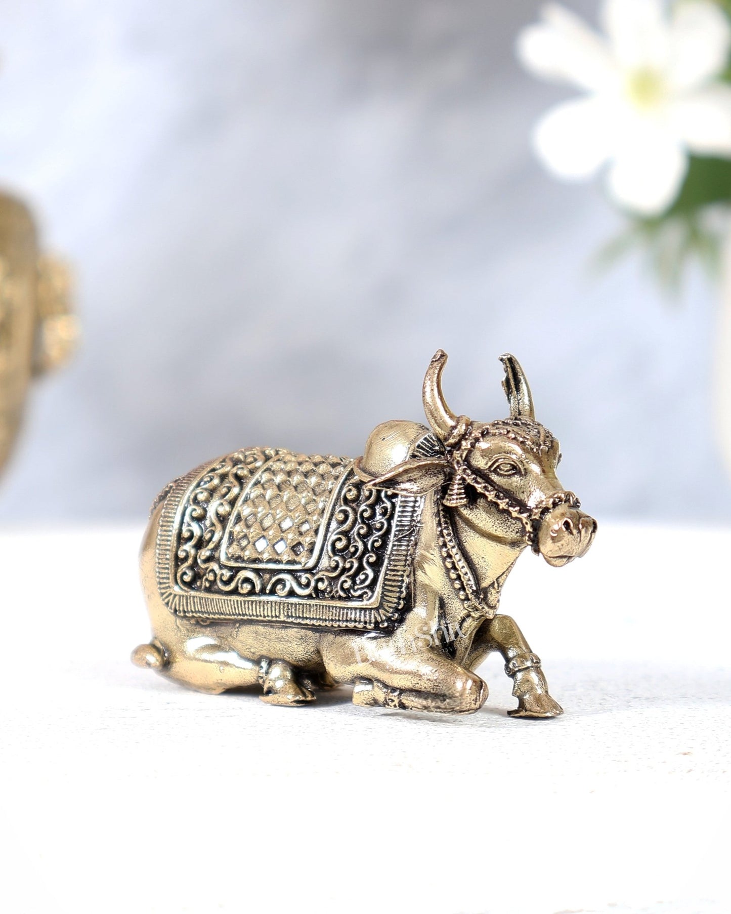 Brass Superfine Nandi Miniature Idol – Compact Shiva Vahan Statue (3 Inches Wide) - Budhshiv.com