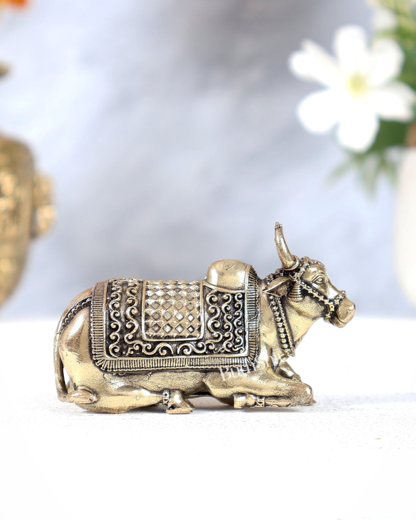 Brass Superfine Nandi Miniature Idol – Compact Shiva Vahan Statue (3 Inches Wide) - Budhshiv.com