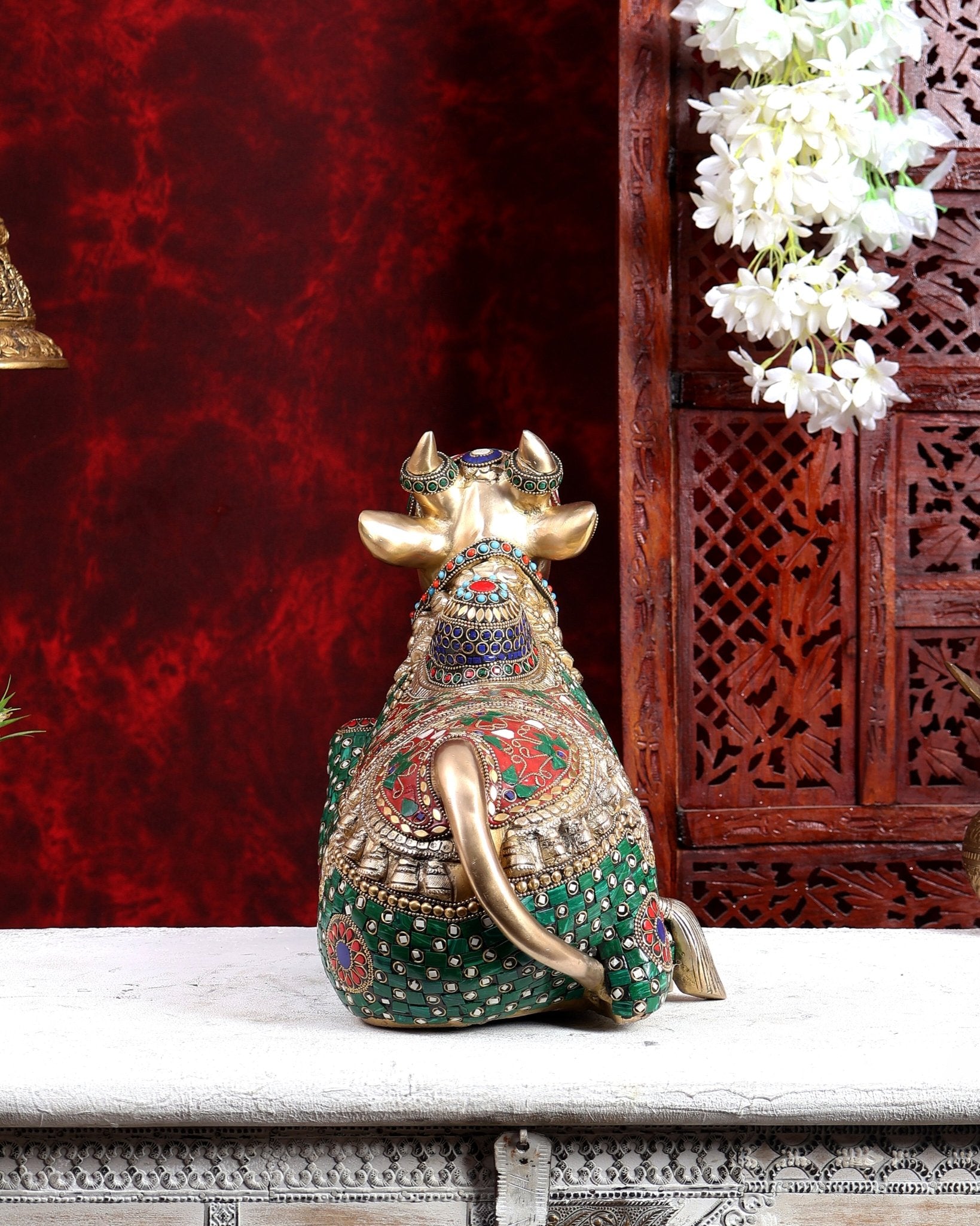 Brass Superfine Nandi Sculpture with Enhanced Carvings 18 inch with Stonework - Budhshiv.com