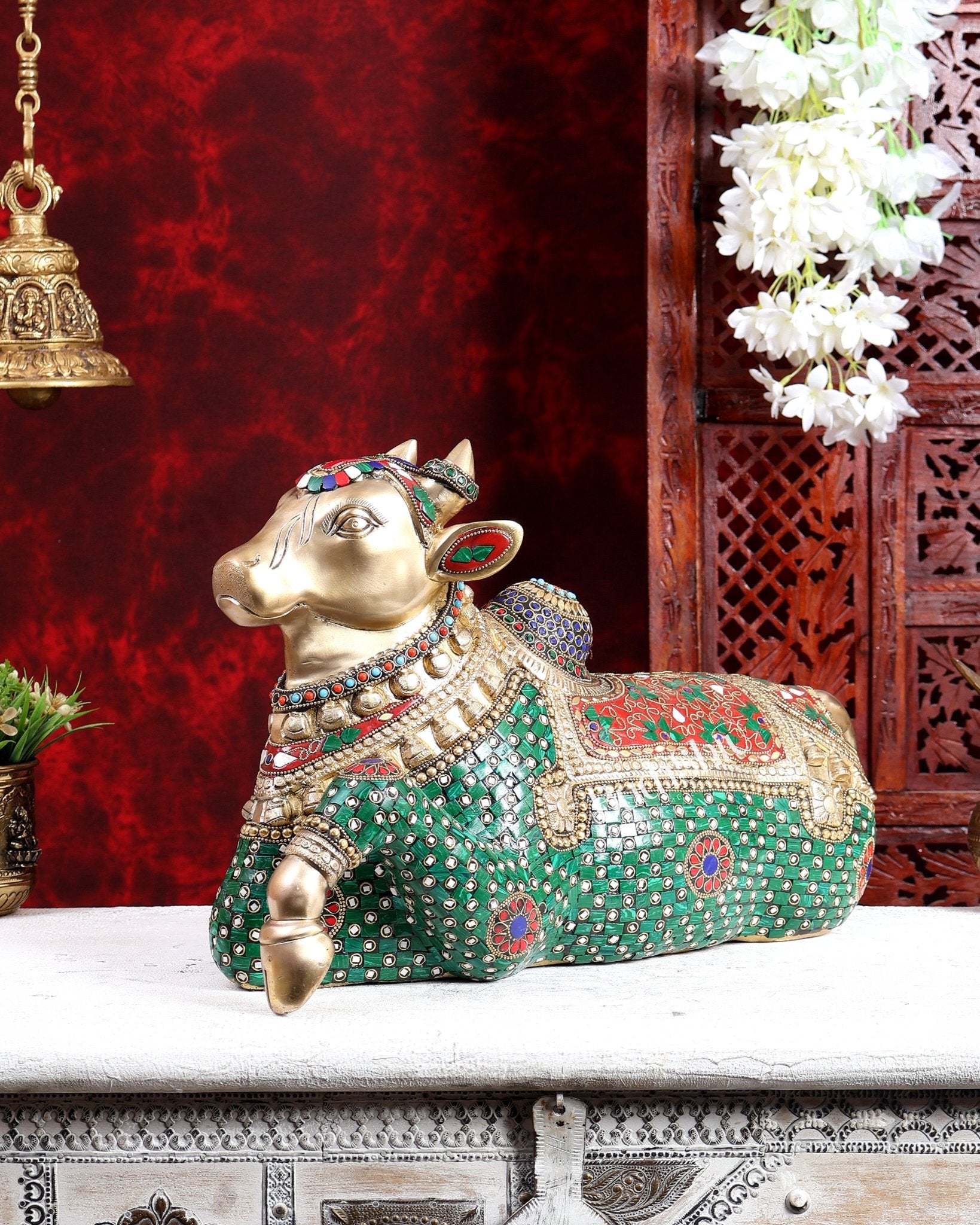 Brass Superfine Nandi Sculpture with Enhanced Carvings 18 inch with Stonework - Budhshiv.com