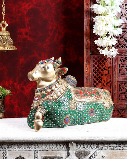 Brass Superfine Nandi Sculpture with Enhanced Carvings 18 inch with Stonework - Budhshiv.com