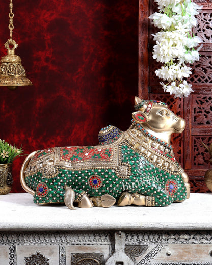 Brass Superfine Nandi Sculpture with Enhanced Carvings 18 inch with Stonework - Budhshiv.com