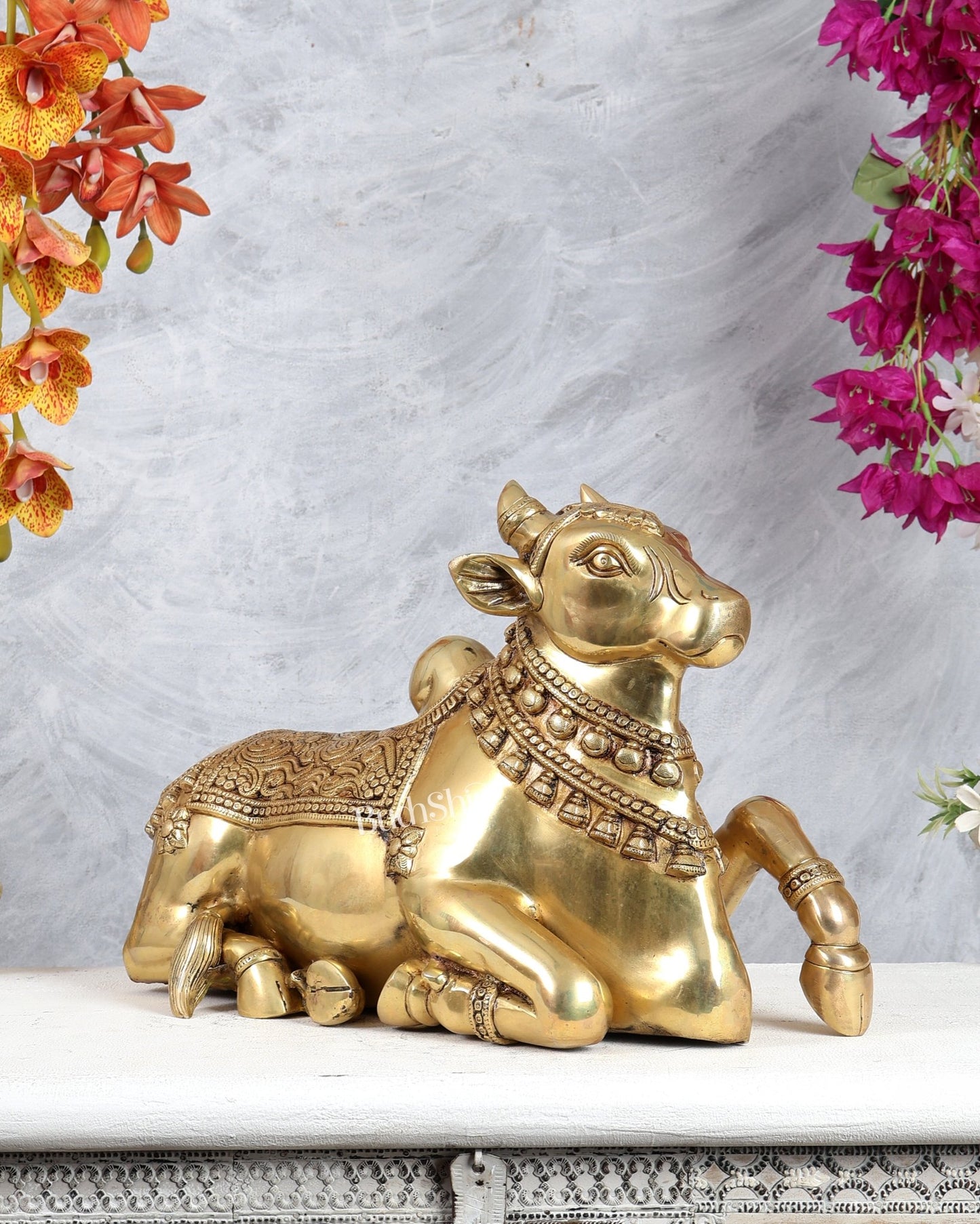 Brass Superfine Nandi Sculpture with Enhanced Carvings 18" - Budhshiv.com