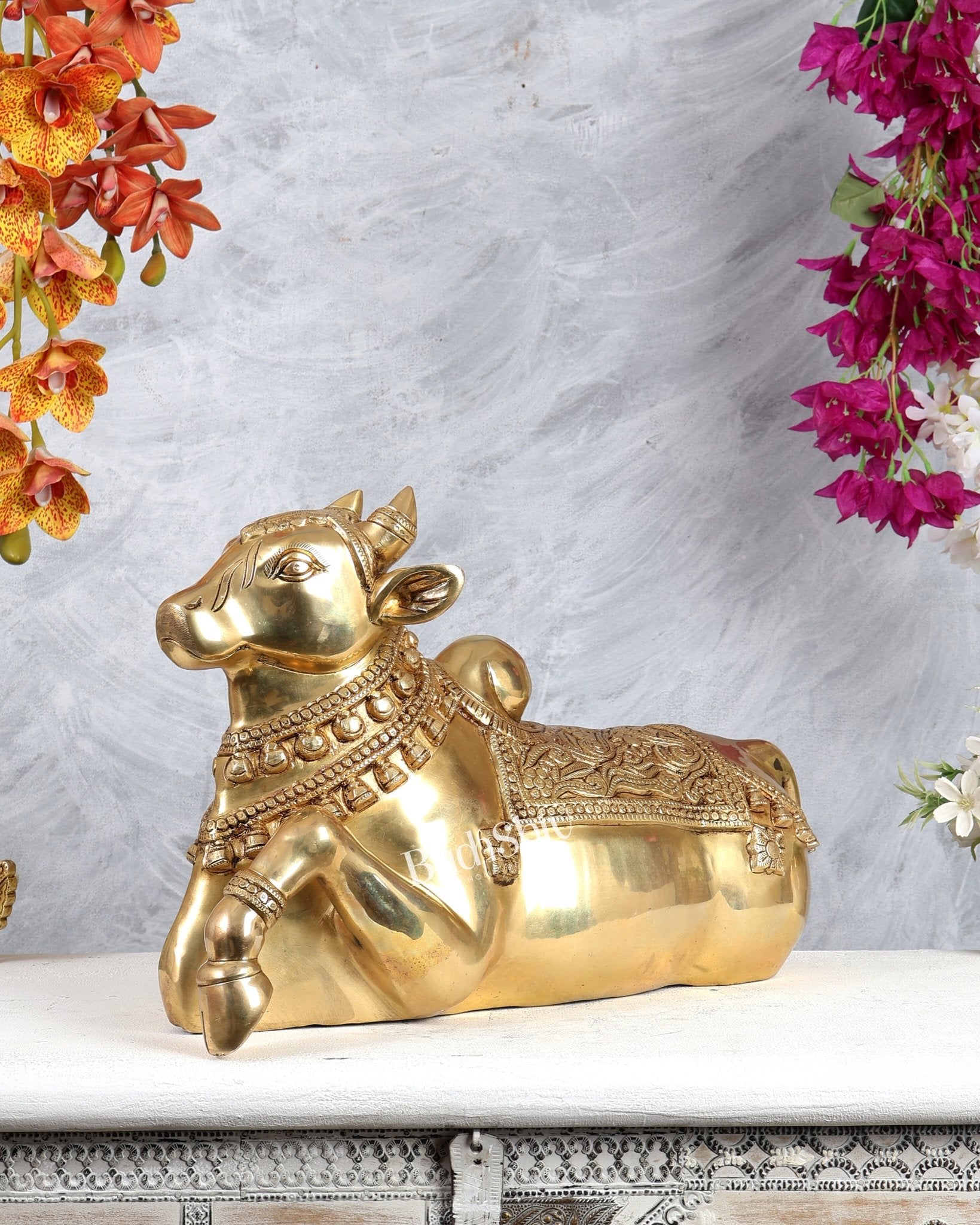 Brass Superfine Nandi Sculpture with Enhanced Carvings 18" - Budhshiv.com
