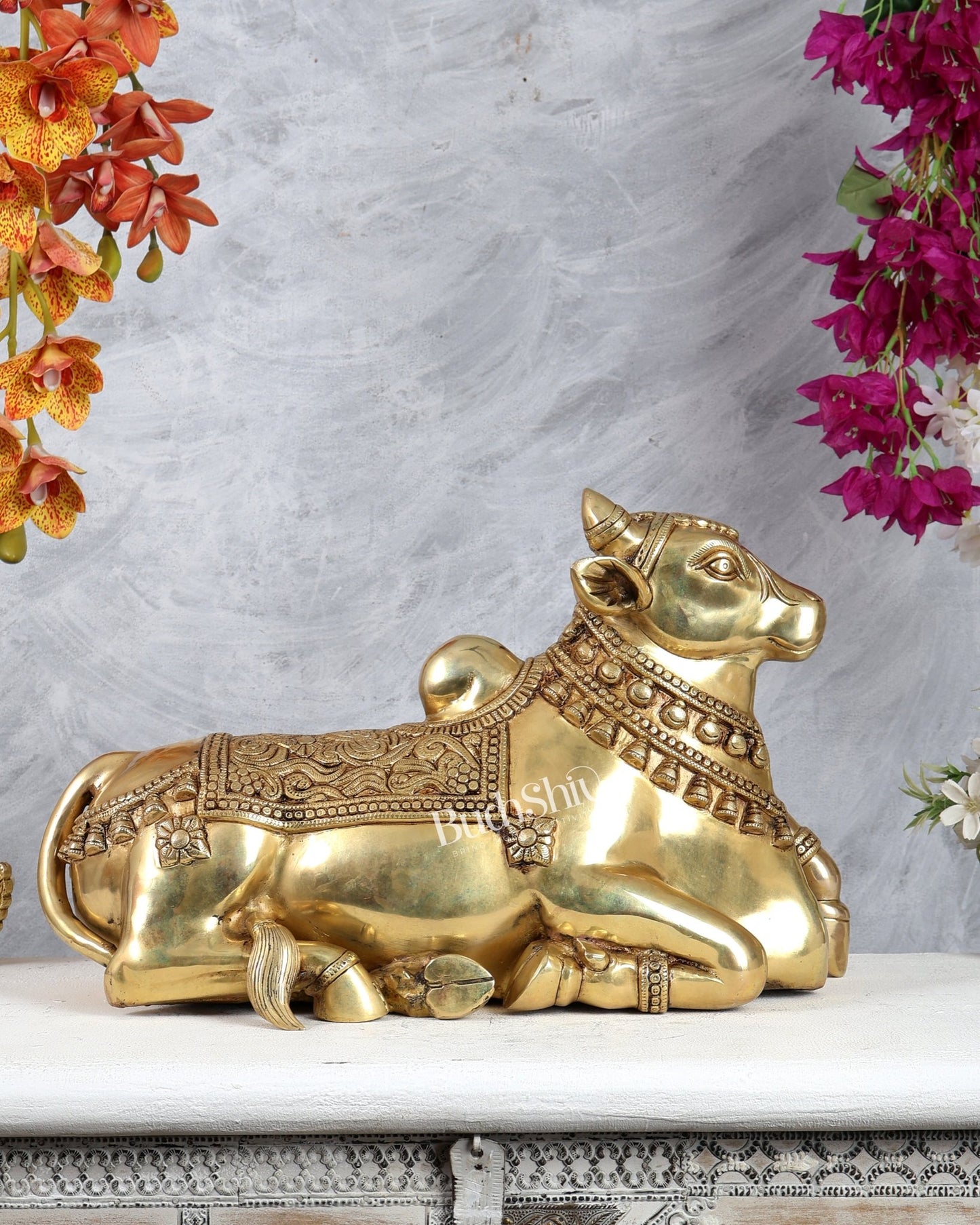 Brass Superfine Nandi Sculpture with Enhanced Carvings 18" - Budhshiv.com