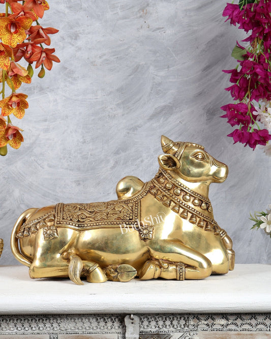 Brass Superfine Nandi Sculpture with Enhanced Carvings 18" - Budhshiv.com