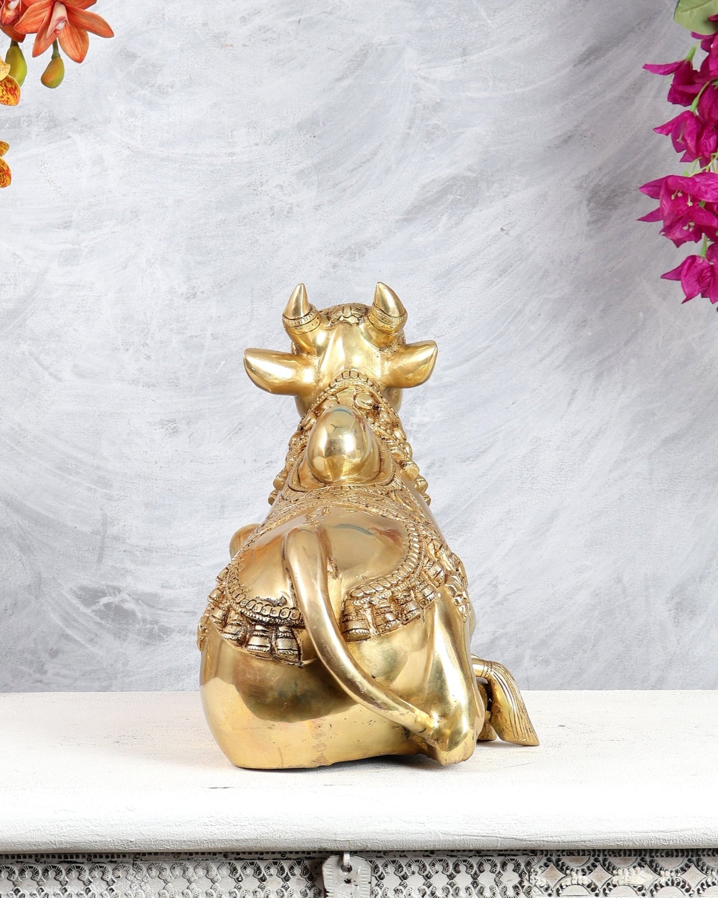 Brass Superfine Nandi Sculpture with Enhanced Carvings 18" - Budhshiv.com
