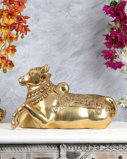 Brass Superfine Nandi Sculpture with Enhanced Carvings 18" - Budhshiv.com