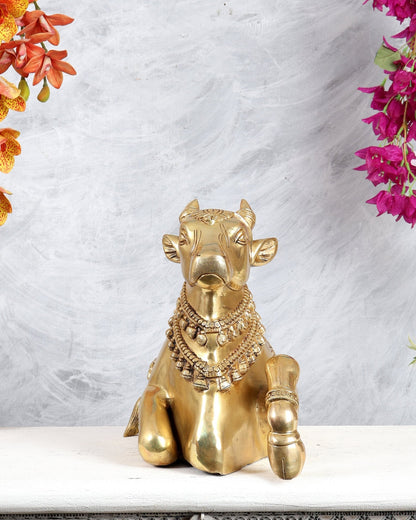 Brass Superfine Nandi Sculpture with Enhanced Carvings 18" - Budhshiv.com