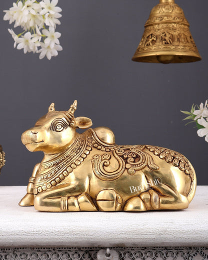 Brass Superfine Nandi Statue with Intricate Carvings right leg raised 10" - Budhshiv.com