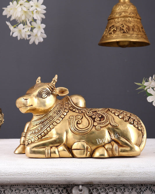 Brass Superfine Nandi Statue with Intricate Carvings right leg raised 10" - Budhshiv.com