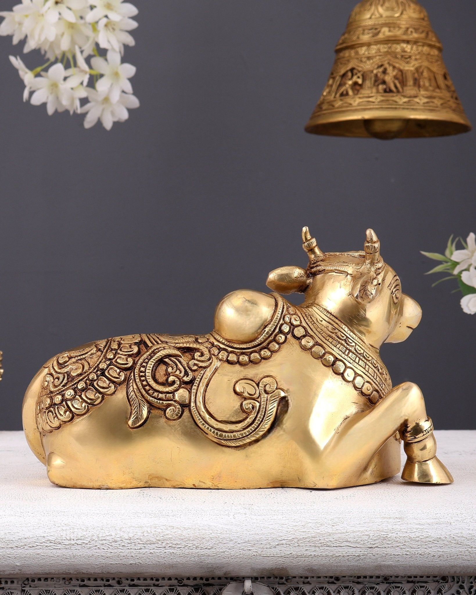 Brass Superfine Nandi Statue with Intricate Carvings right leg raised 10" - Budhshiv.com