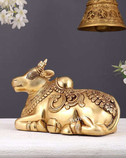 Brass Superfine Nandi Statue with Intricate Carvings right leg raised 10" - Budhshiv.com