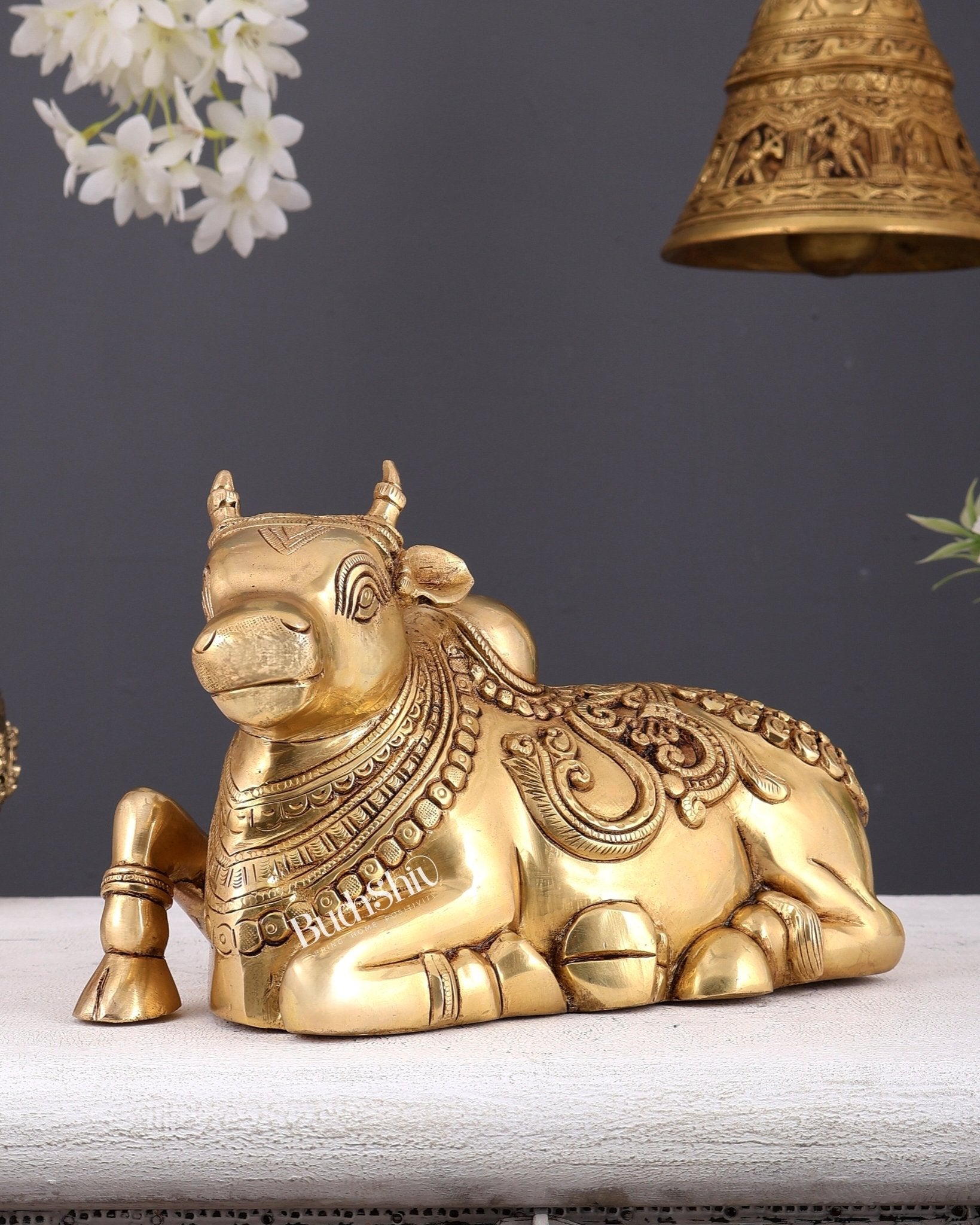 Brass Superfine Nandi Statue with Intricate Carvings right leg raised 10" - Budhshiv.com
