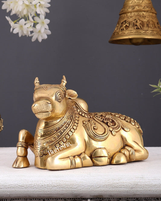 Brass Superfine Nandi Statue with Intricate Carvings right leg raised 10" - Budhshiv.com