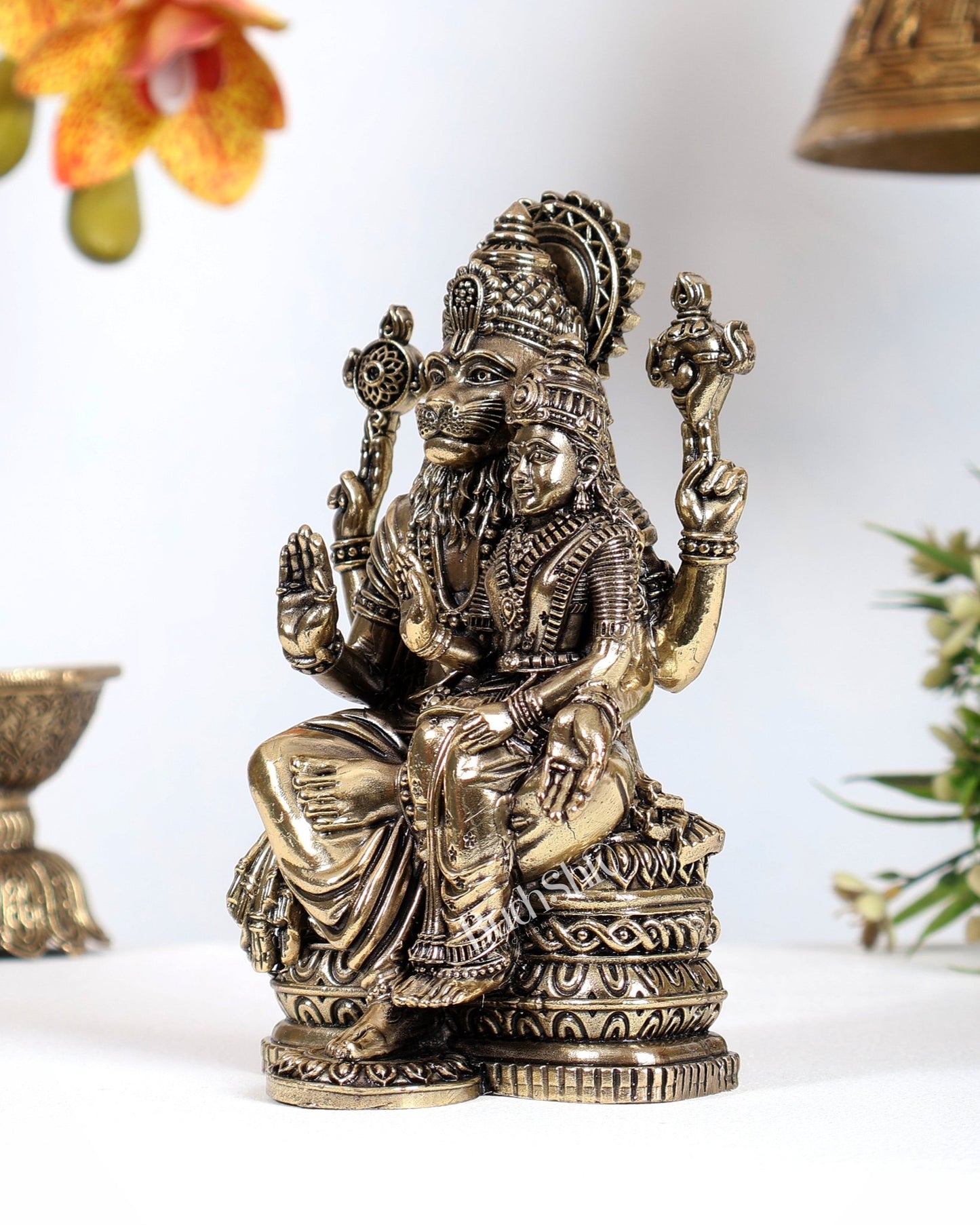 Brass Superfine Narasimha Lakshmi Idol – Divine Protection & Prosperity Sculpture (6 Inches) - Budhshiv.com