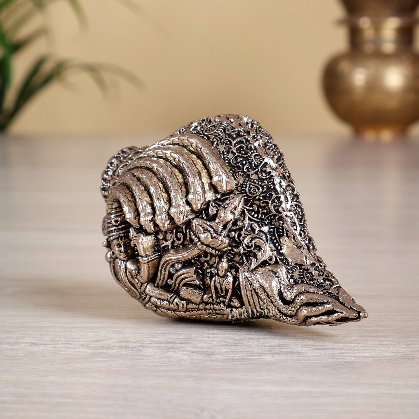Brass Superfine Narayan Lakshmi Shankh Conch Idol – Auspicious Miniature Murti (2 Sizes) - Budhshiv.com