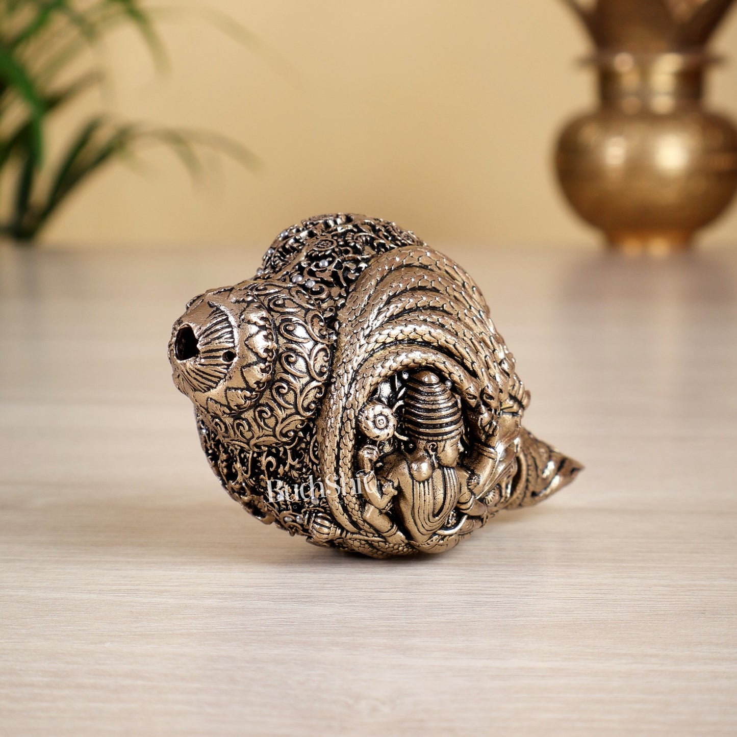Brass Superfine Narayan Lakshmi Shankh Conch Idol – Auspicious Miniature Murti (2 Sizes) - Budhshiv.com