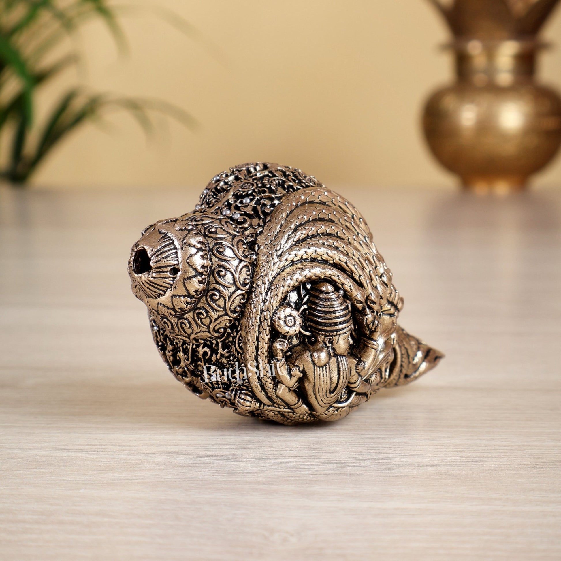 Brass Superfine Narayan Lakshmi Shankh Conch Idol – Auspicious Miniature Murti (2 Sizes) - Budhshiv.com