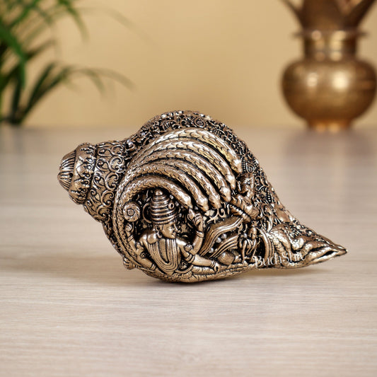 Brass Superfine Narayan Lakshmi Shankh Conch Idol – Auspicious Miniature Murti (2 Sizes) - Budhshiv.com