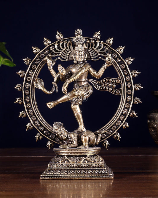 Brass Superfine Nataraja – Dancing Shiva with Intricate Carvings 6 inch - Budhshiv.com