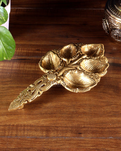 Brass Superfine panch Diya Aarti with Handle 9.5 inch - Budhshiv.com
