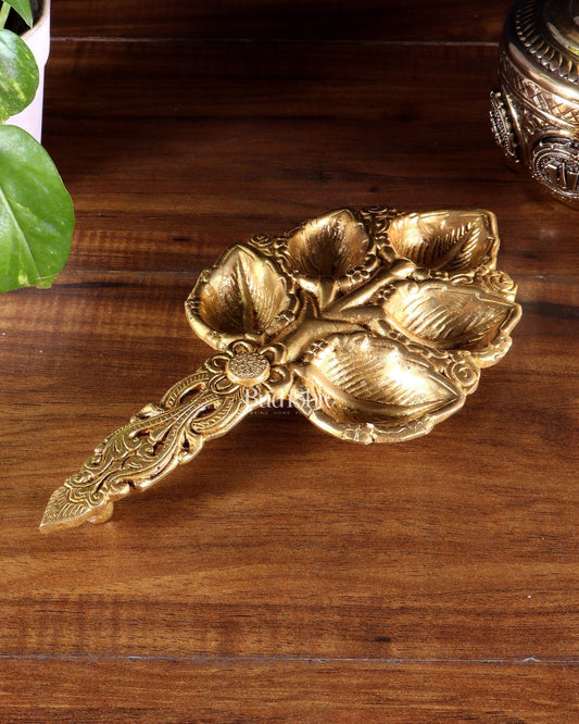Brass Superfine panch Diya Aarti with Handle 9.5 inch - Budhshiv.com