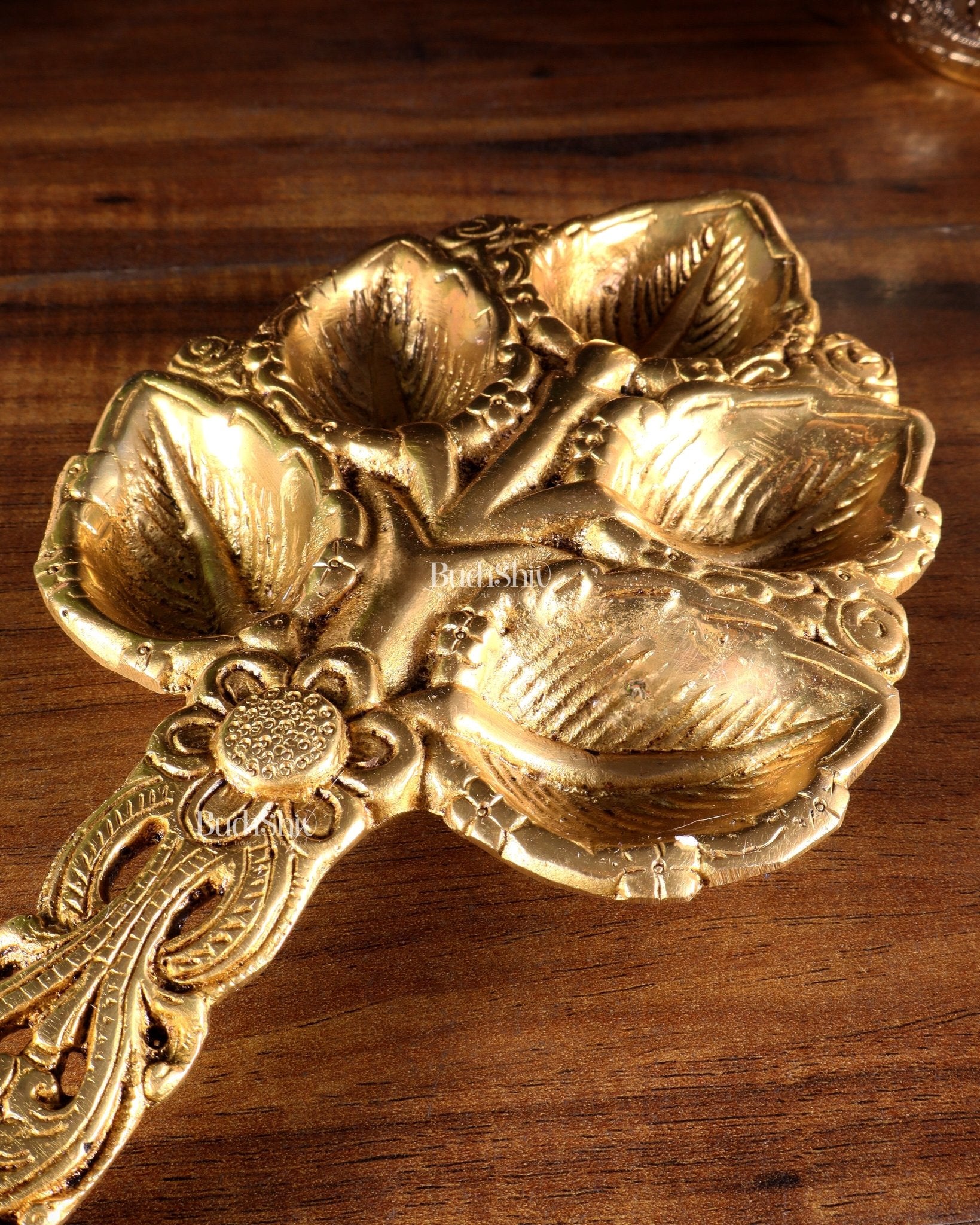 Brass Superfine panch Diya Aarti with Handle 9.5 inch - Budhshiv.com