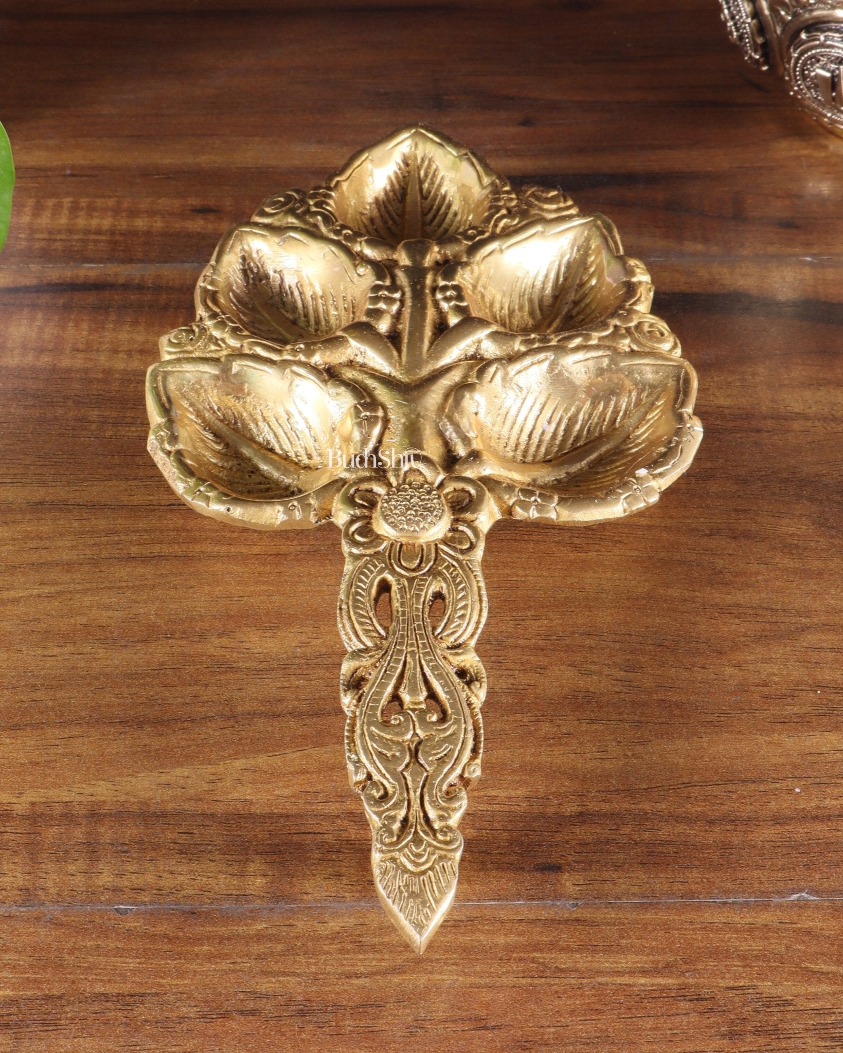 Brass Superfine panch Diya Aarti with Handle 9.5 inch - Budhshiv.com