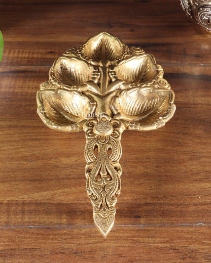 Brass Superfine panch Diya Aarti with Handle 9.5 inch - Budhshiv.com