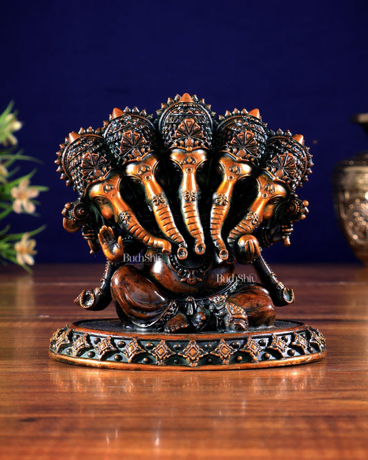 Brass Superfine Panchmukhi Ganesha Idol – Five - Headed Ganesha, 4.2" chola tone - Budhshiv.com