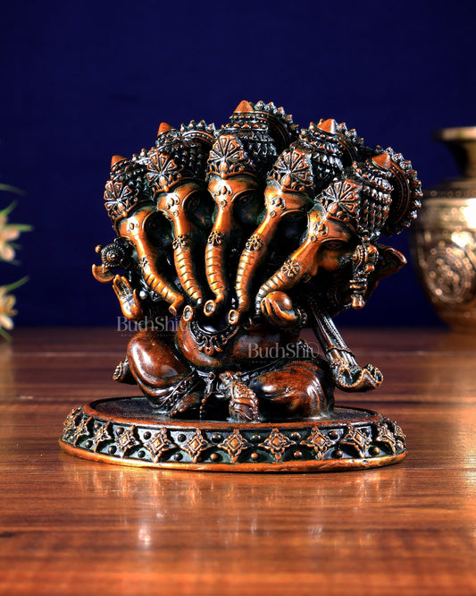 Brass Superfine Panchmukhi Ganesha Idol – Five - Headed Ganesha, 4.2" chola tone - Budhshiv.com