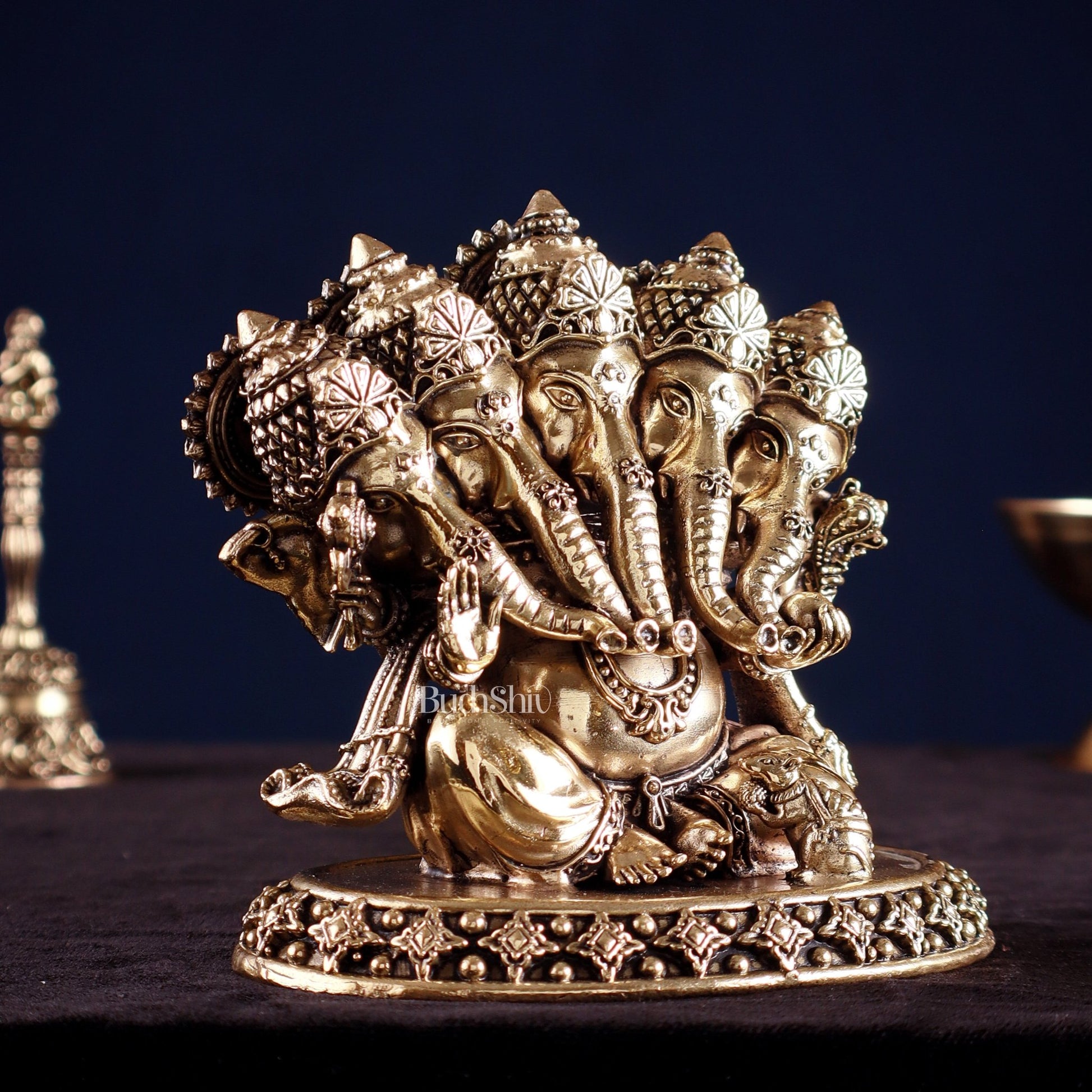 Brass Superfine Panchmukhi Ganesha Idol – Five - Headed Ganesha, 4.2" - Budhshiv.com