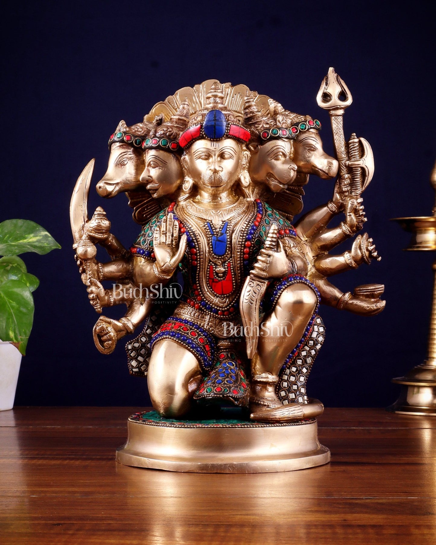 Brass Superfine Panchmukhi Hanuman 11 " with stonework - Budhshiv.com