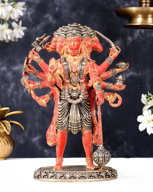 Brass Superfine Panchmukhi Hanuman Idol – 10 Inch Divine Protection Murti Sindoori red tone - Budhshiv.com