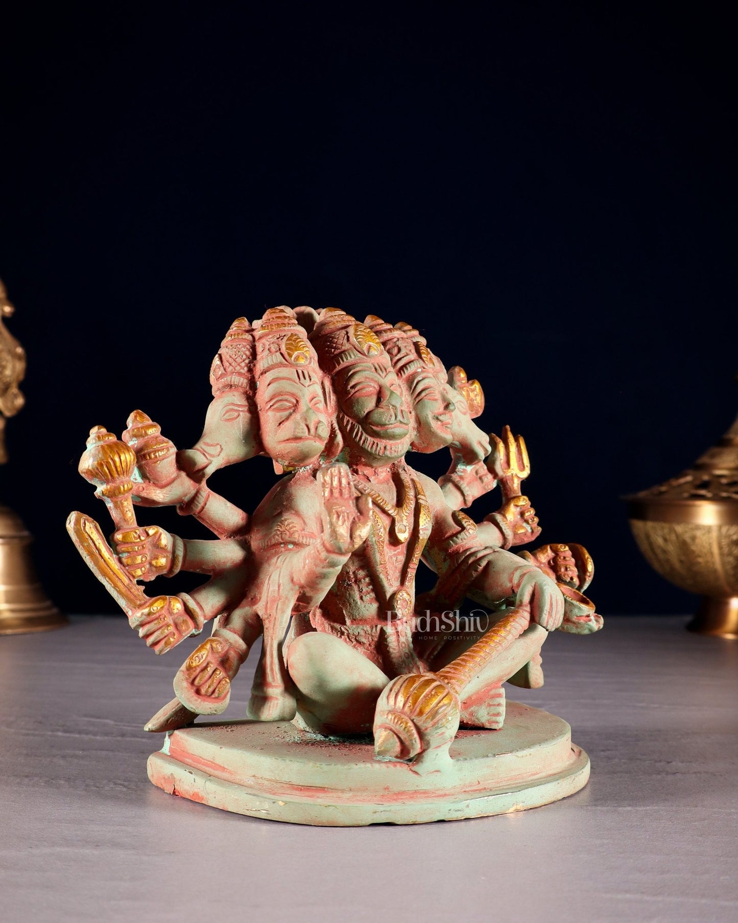 Brass Superfine Panchmukhi Hanuman idol 6 inch green tone - Budhshiv.com