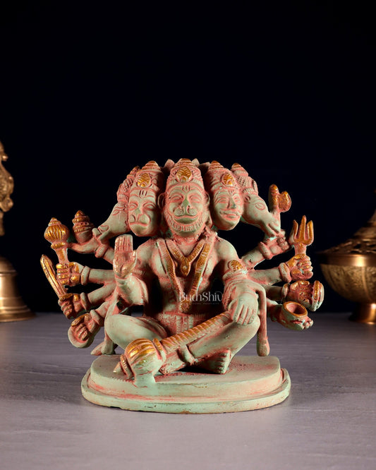 Brass Superfine Panchmukhi Hanuman idol 6 inch green tone - Budhshiv.com