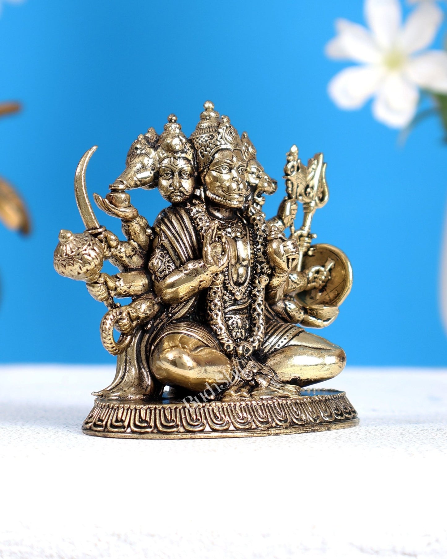 Brass Superfine Panchmukhi Hanuman Idol – Cross Legged Divine Sculpture (3 Inches) - Budhshiv.com