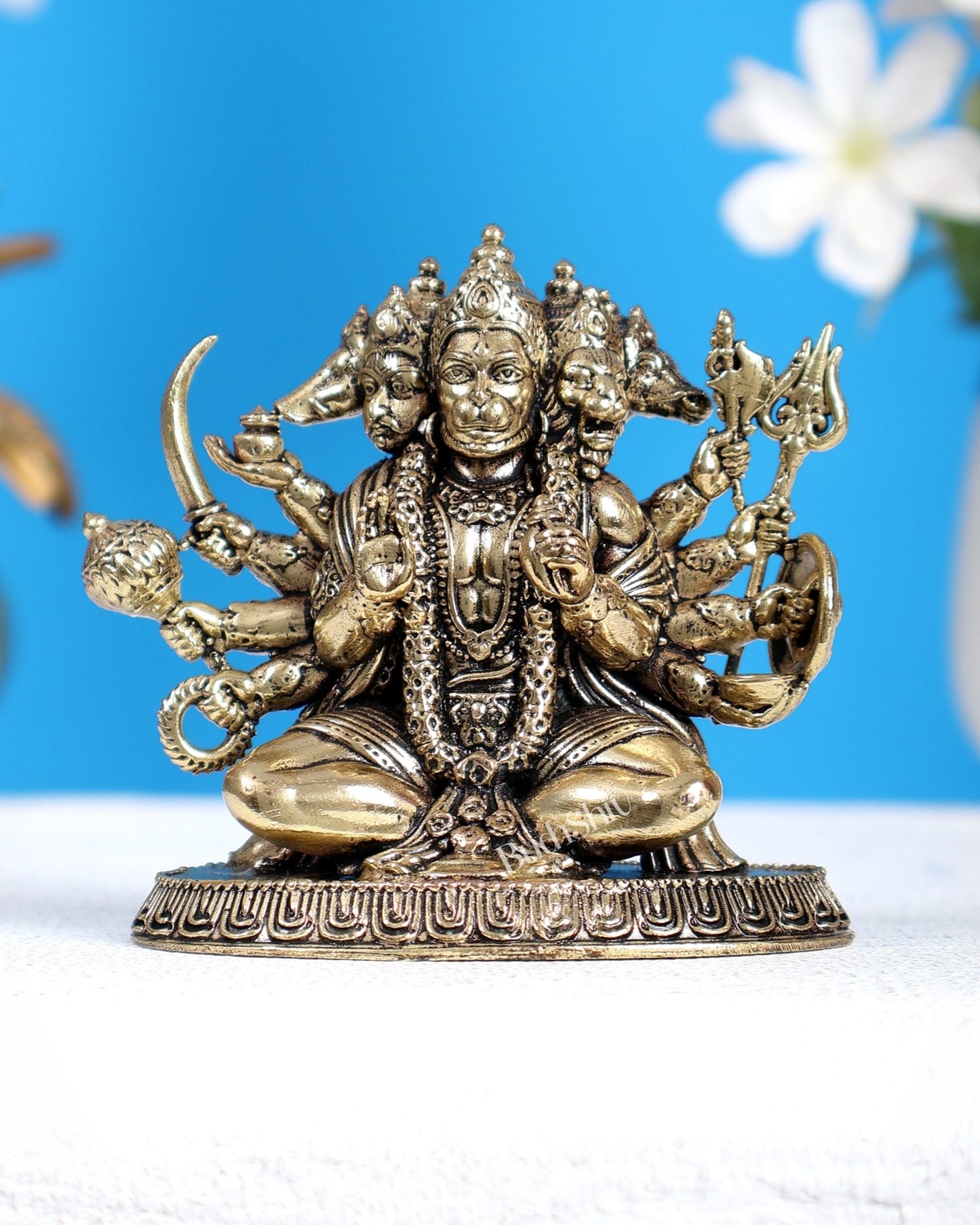 Brass Superfine Panchmukhi Hanuman Idol – Cross Legged Divine Sculpture (3 Inches) - Budhshiv.com