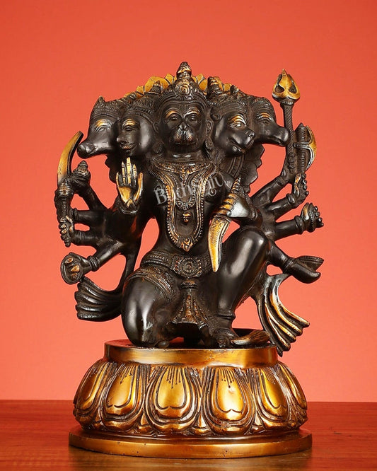 Brass Superfine Panchmukhi Hanuman Idol – Five - Faced Form in Black & Gold Finish 13" - Budhshiv.com