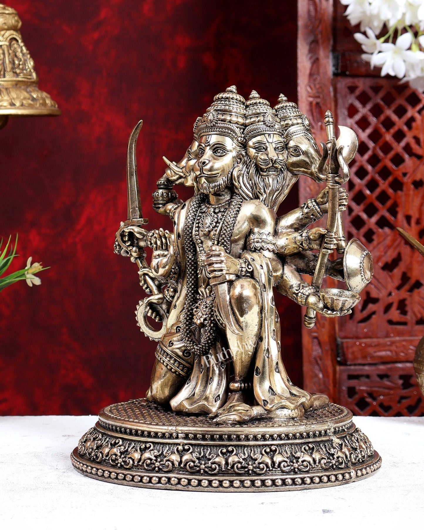 Brass Superfine Panchmukhi Hanuman Idol – Handcrafted Divine Statue 10 inch - Budhshiv.com