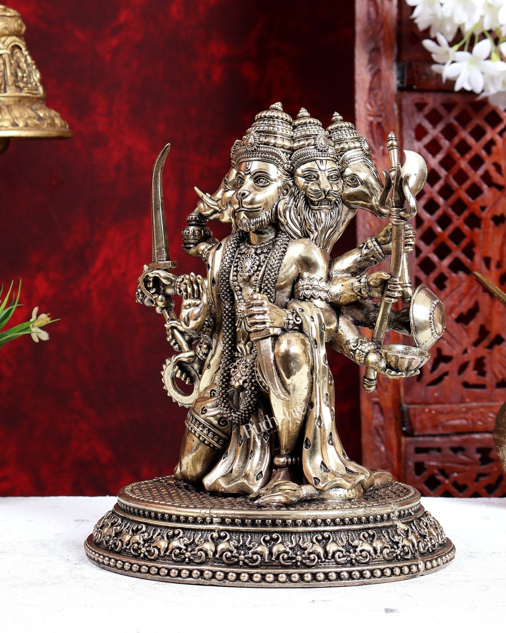 Brass Superfine Panchmukhi Hanuman Idol – Handcrafted Divine Statue 10 inch - Budhshiv.com
