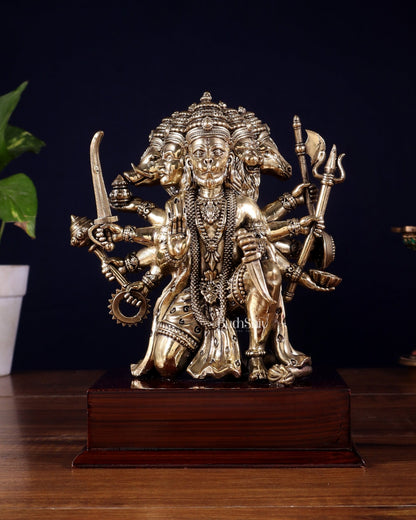 Brass Superfine Panchmukhi Hanuman Idol on Wooden Base – 8 Inch - Budhshiv.com