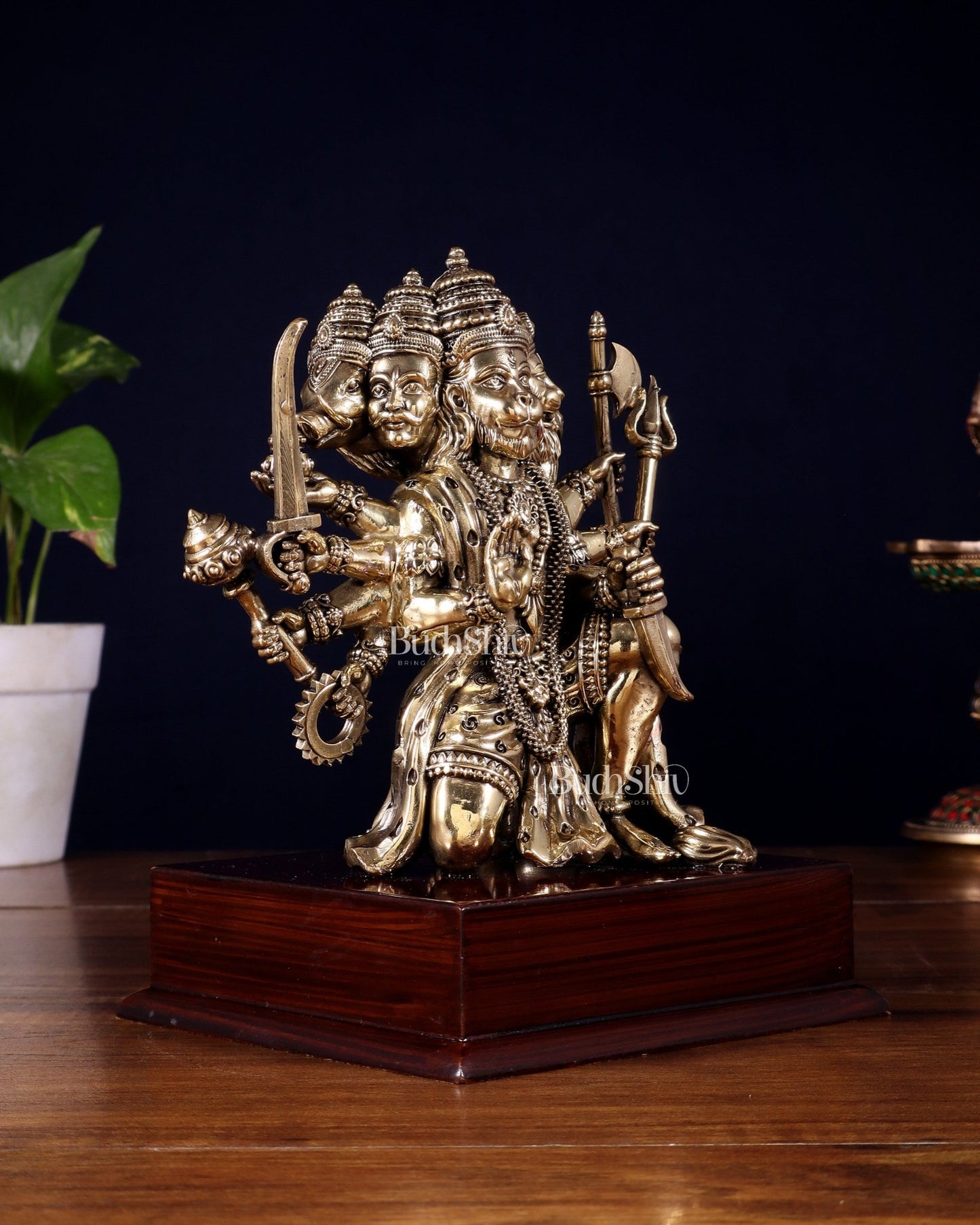 Brass Superfine Panchmukhi Hanuman Idol on Wooden Base – 8 Inch - Budhshiv.com