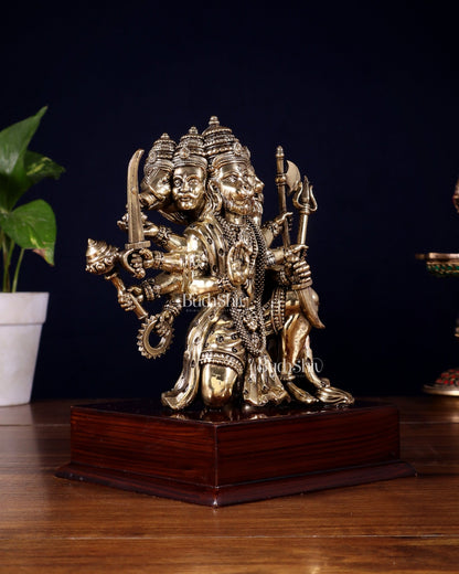 Brass Superfine Panchmukhi Hanuman Idol on Wooden Base – 8 Inch - Budhshiv.com